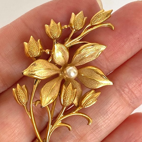 c1900 Andreas Daubs German Flower Seed Pearl 9K Double Gold Plate Antique Brooch - Picture 3 of 10